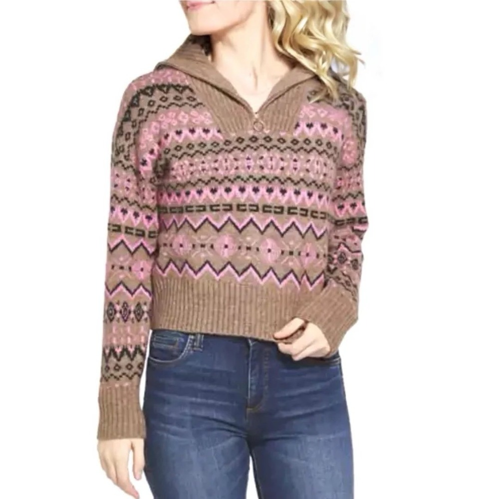 Vero Moda Fair Isle Glow Knit‎ Quarter Zip Pullover Sweater Brown Pink Size L